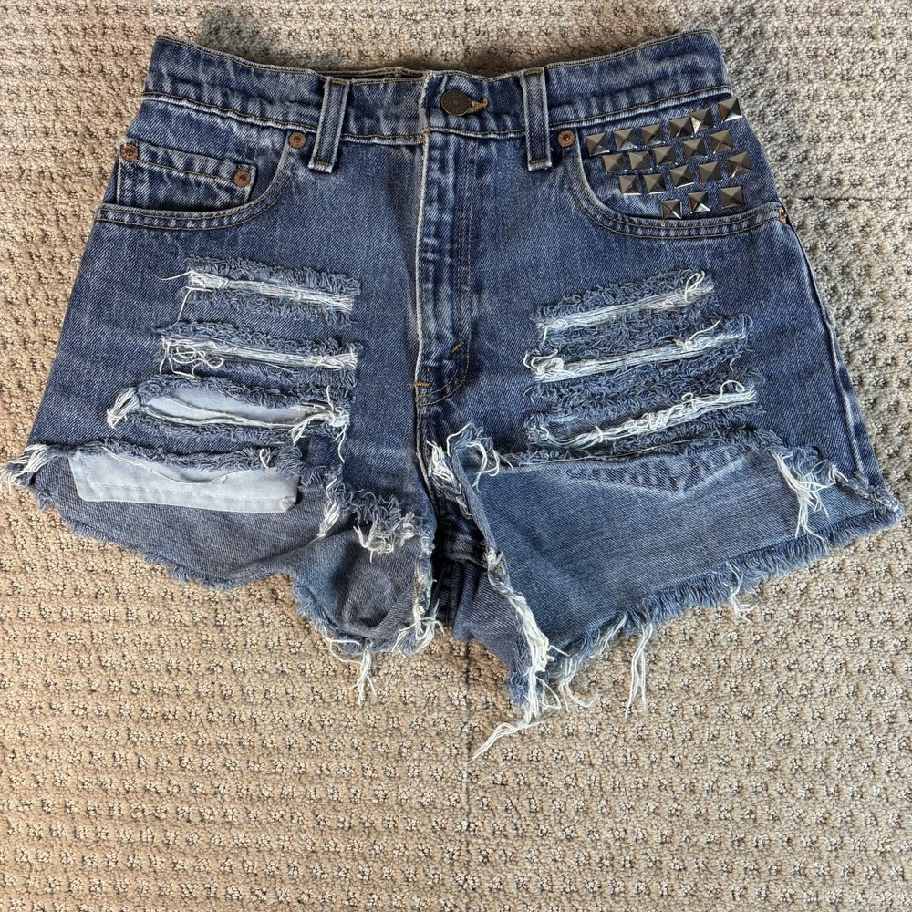 Vintage Levis 550 Embellished Studded Punk High Waisted Distressed Denim Shorts